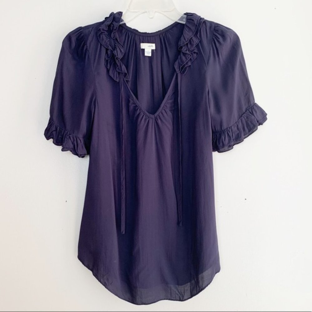 Odille Anthropologie Navy Blue Ruffle Hem Blouse
